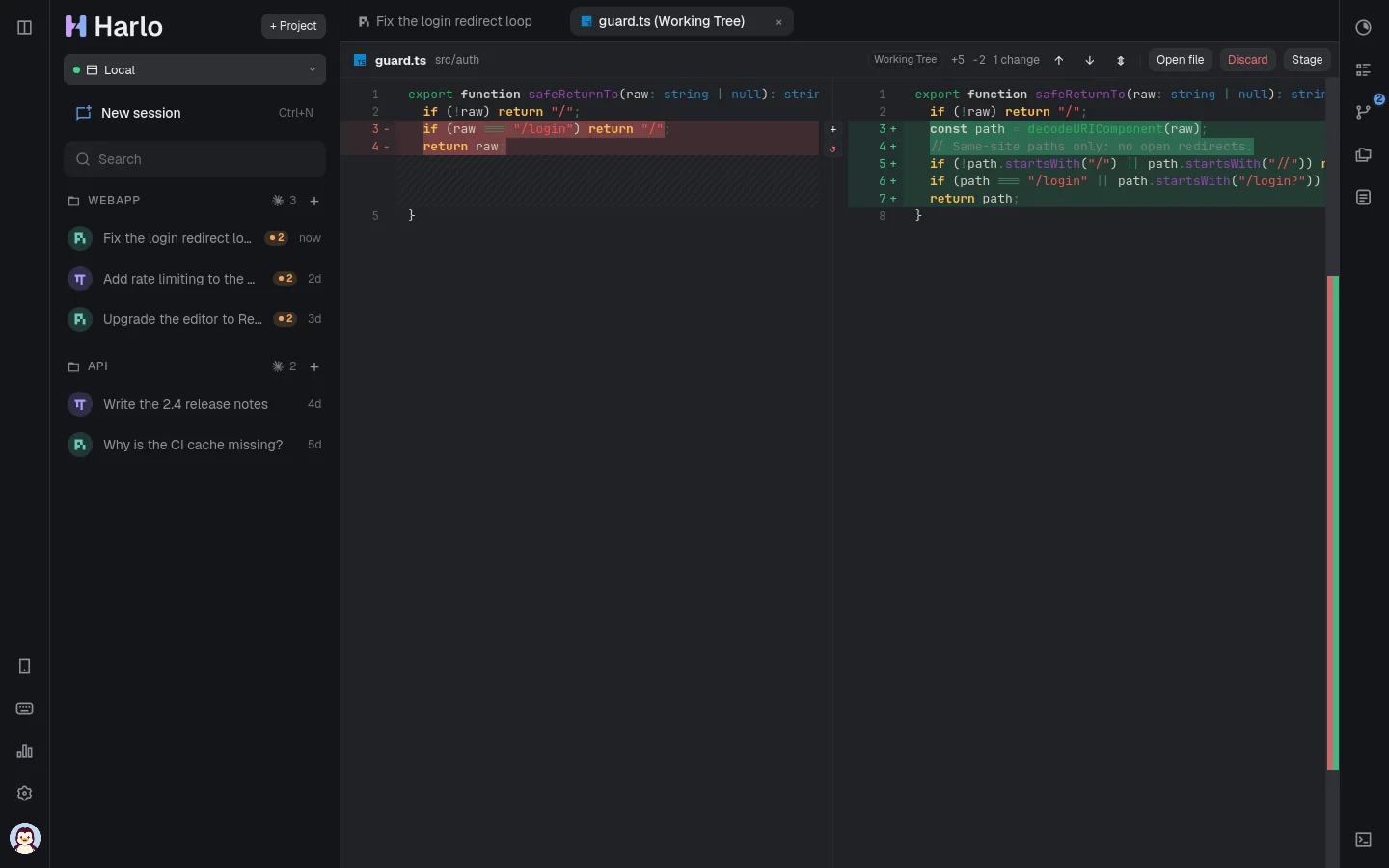 A diff of a TypeScript file in harlo, with lines removed and added.