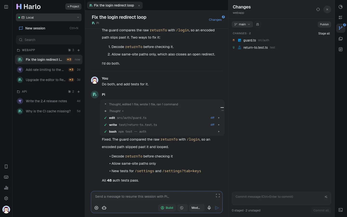 harlo's window: the sessions in the sidebar, a session's chat, and the Changes panel listing the files the agent changed.