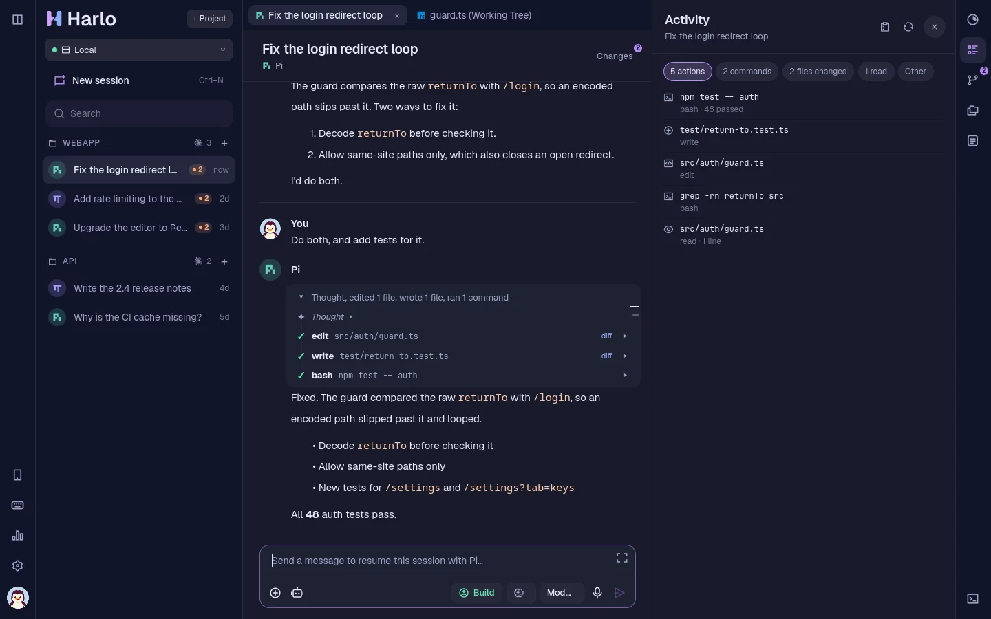 harlo in the Midnight theme, with the Activity panel open.