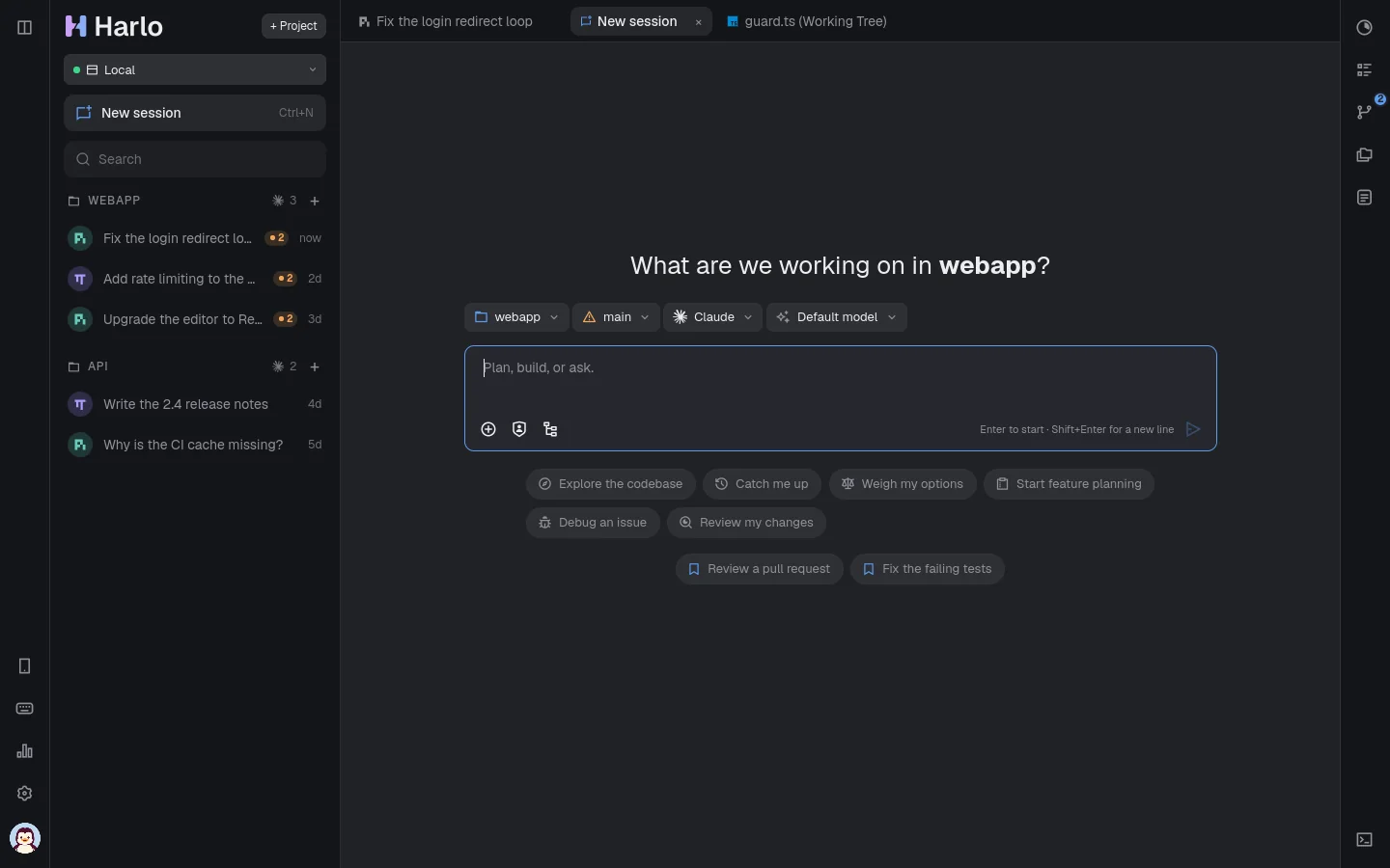 harlo's new session page: pick a project, an agent and a template.