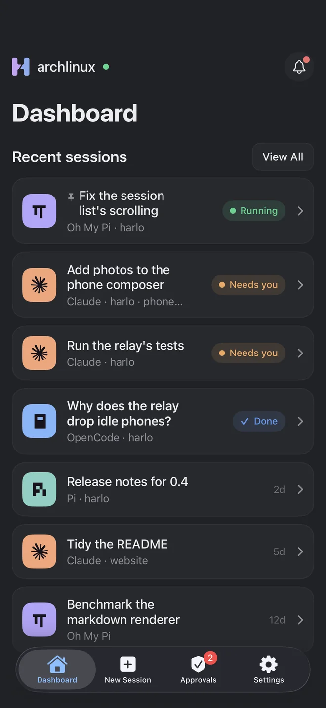 The iPhone app's sessions, grouped by what waits on you.