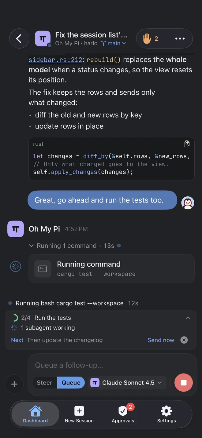A session on the iPhone, following the agent live.